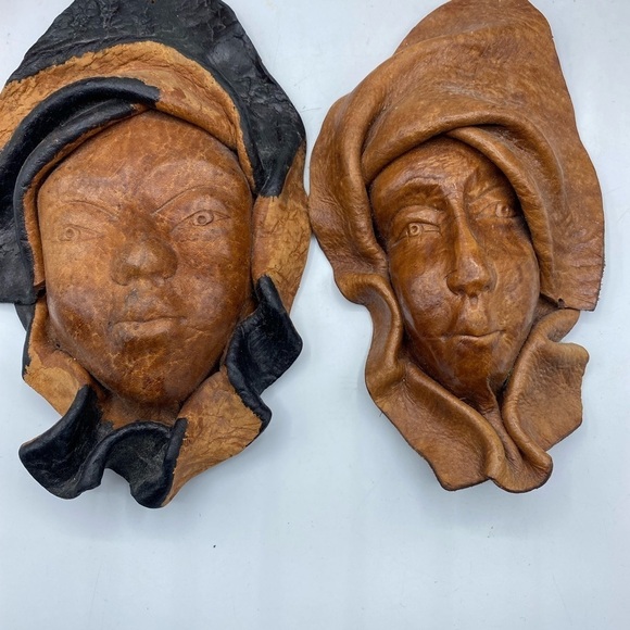 Leather Mask Face Vintage African Tribal Decorative Wall Hanging Art Set of 2 - Picture 1 of 12